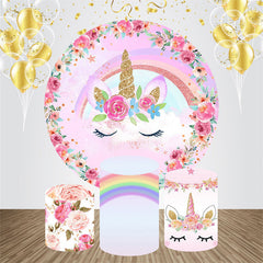 Aperturee - Floral Unicorn Raionbow Round Birthday Backdrop Kit