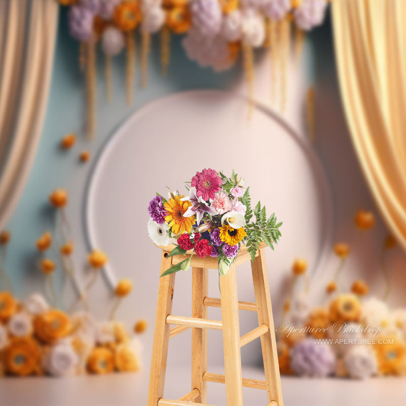 Aperturee - Floral White Wall Yellow Curtain Birthday Backdrop