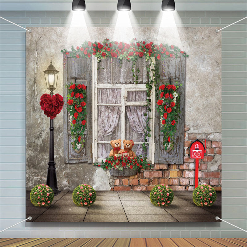 Aperturee - Floral Window Brick Wall Valentines Day Backdrop