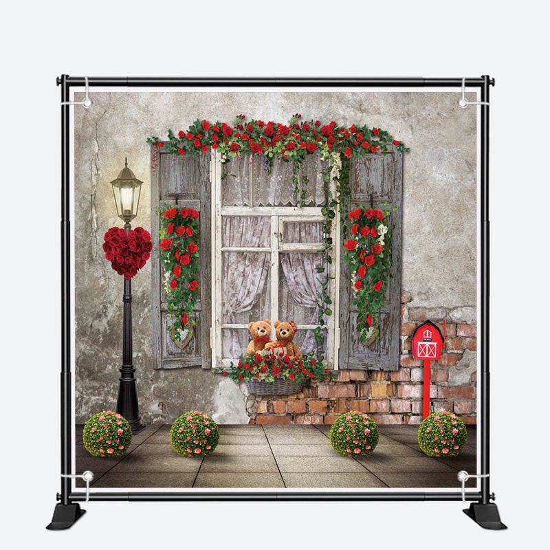 Aperturee - Floral Window Brick Wall Valentines Day Backdrop