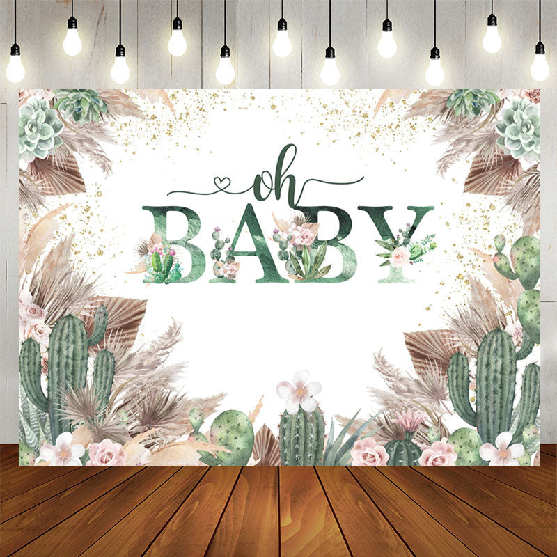 Aperturee - Floral With Cactus Cute Boho Baby Shower Backdrop