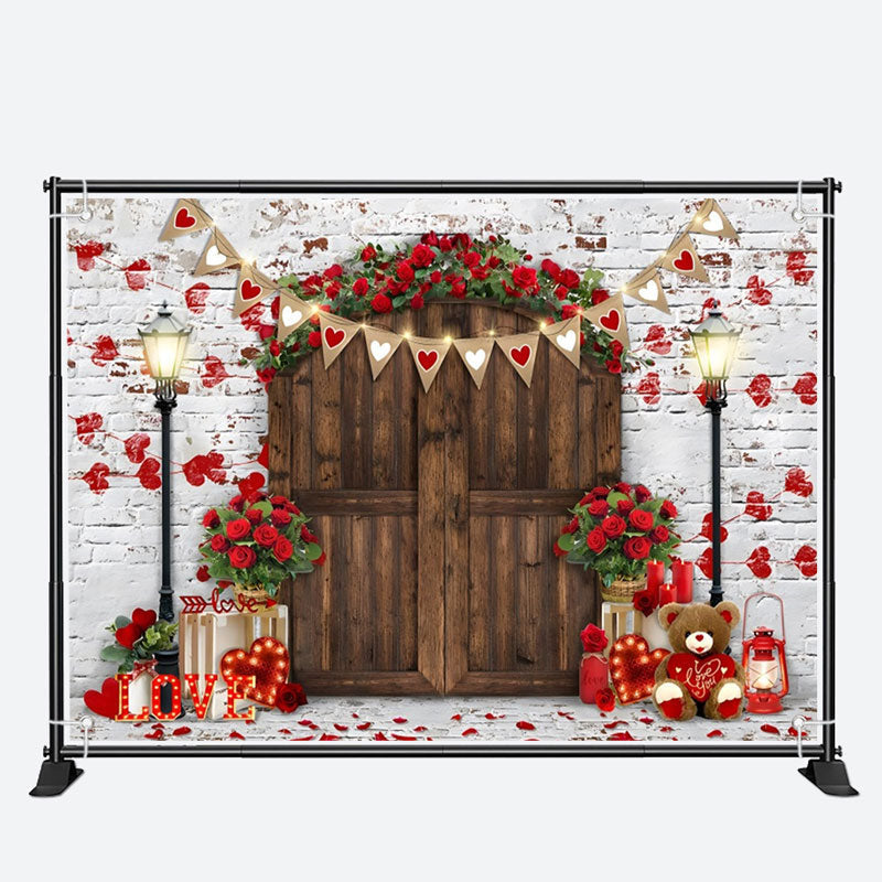 Aperturee - Floral Wood Door Brick Wall Valentines Day Backdrop