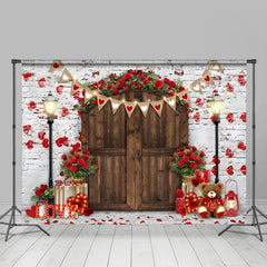 Aperturee - Floral Wood Door Brick Wall Valentines Day Backdrop