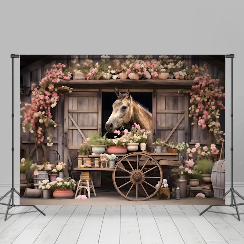 Aperturee - Floral Wooden Wheel Farm House Horse Spring Backdrop