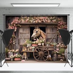 Aperturee - Floral Wooden Wheel Farm House Horse Spring Backdrop