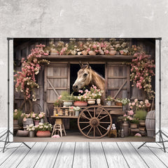 Aperturee - Floral Wooden Wheel Farm House Horse Spring Backdrop