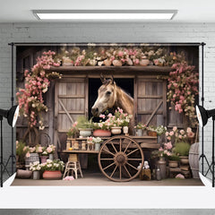 Aperturee - Floral Wooden Wheel Farm House Horse Spring Backdrop