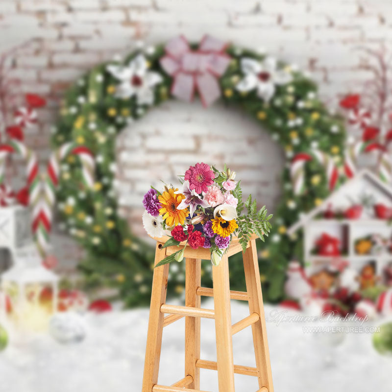 Aperturee - Floral Wreath Cloud Brick Wall Christmas Backdrop