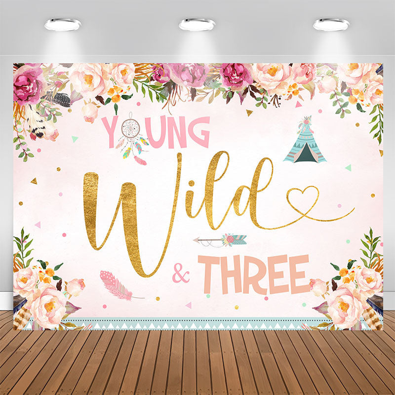 Aperturee - Floral Young Wild three Happy 3rd Birthday Backdrop