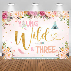 Aperturee - Floral Young Wild three Happy 3rd Birthday Backdrop