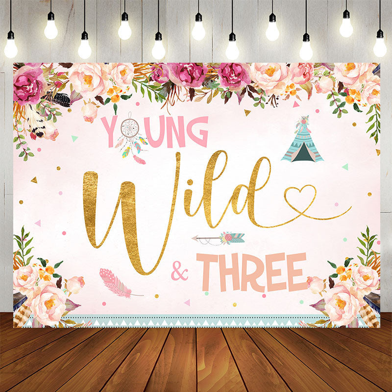 Aperturee - Floral Young Wild three Happy 3rd Birthday Backdrop