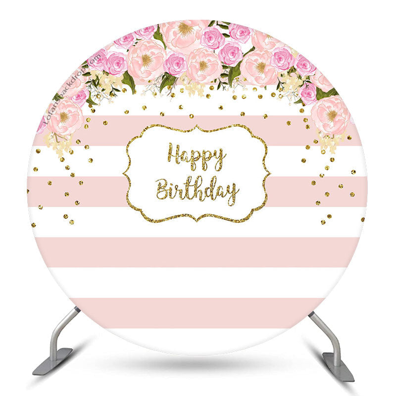 Aperturee Flower Pink Stripes Happy Birthday Round Backdrop