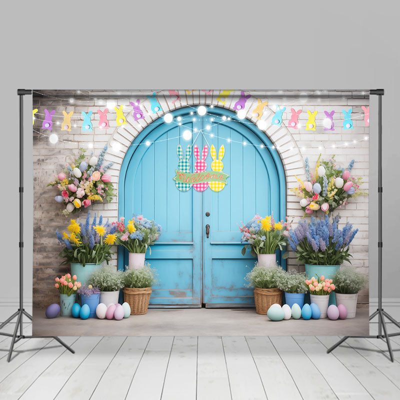 Aperturee - Flower Pot Blue Arch Door Rabbit Easter Backdrop