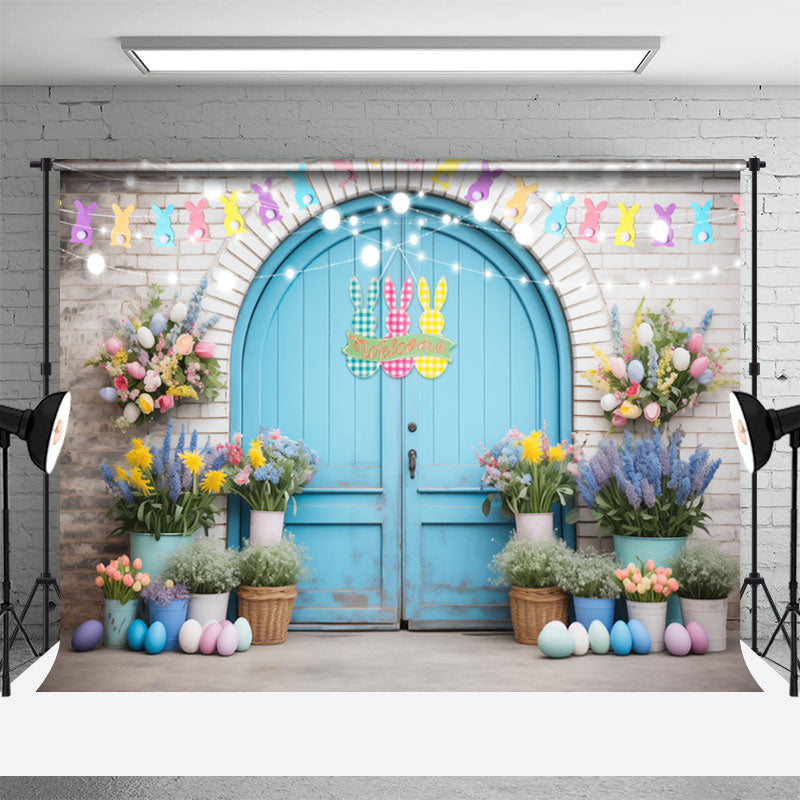 Aperturee - Flower Pot Blue Arch Door Rabbit Easter Backdrop