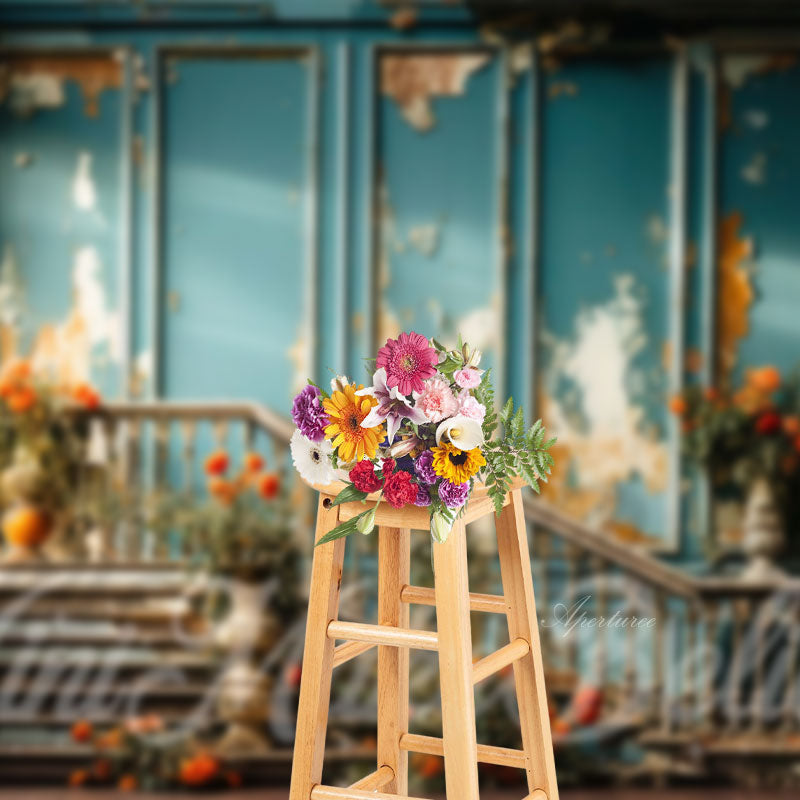 Aperturee - Flowers Blue Distressed Room Retro Wall Backdrop