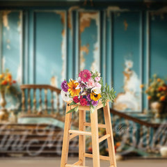 Aperturee - Flowers Blue Distressed Stairs Retro Wall Backdrop