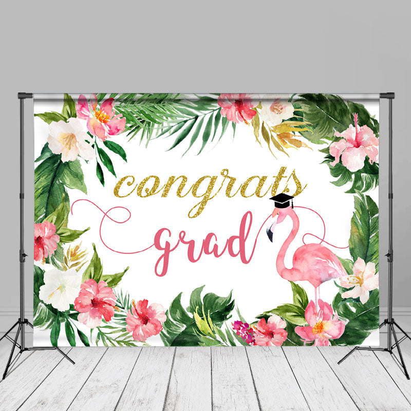 Aperturee - Flowers Green Leaves Flamingo Graduation Photo Backdrop