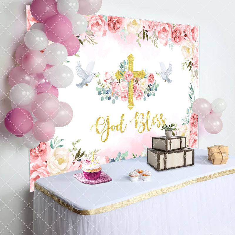 Aperturee - Flowers Pigeon God Bless Girls Baptism Backdrop