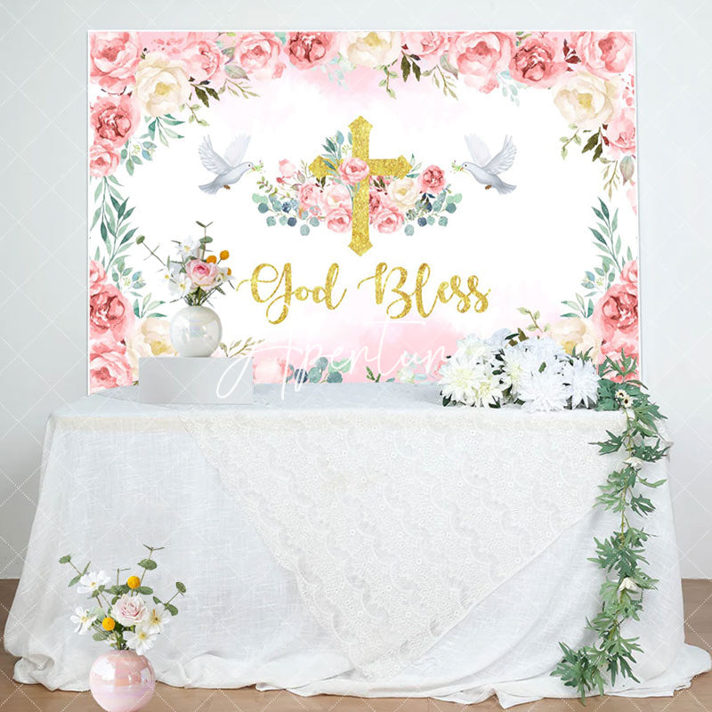 Aperturee - Flowers Pigeon God Bless Girls Baptism Backdrop