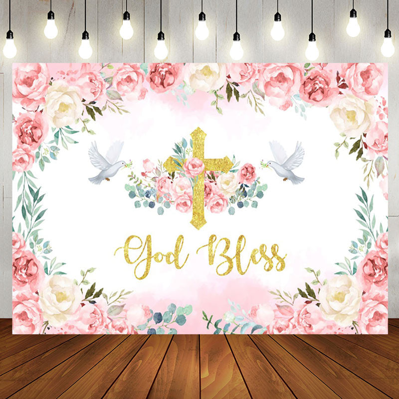 Aperturee - Flowers Pigeon God Bless Girls Baptism Backdrop