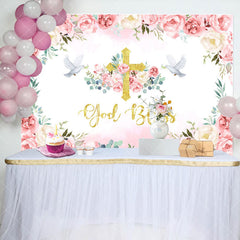 Aperturee - Flowers Pigeon God Bless Girls Baptism Backdrop