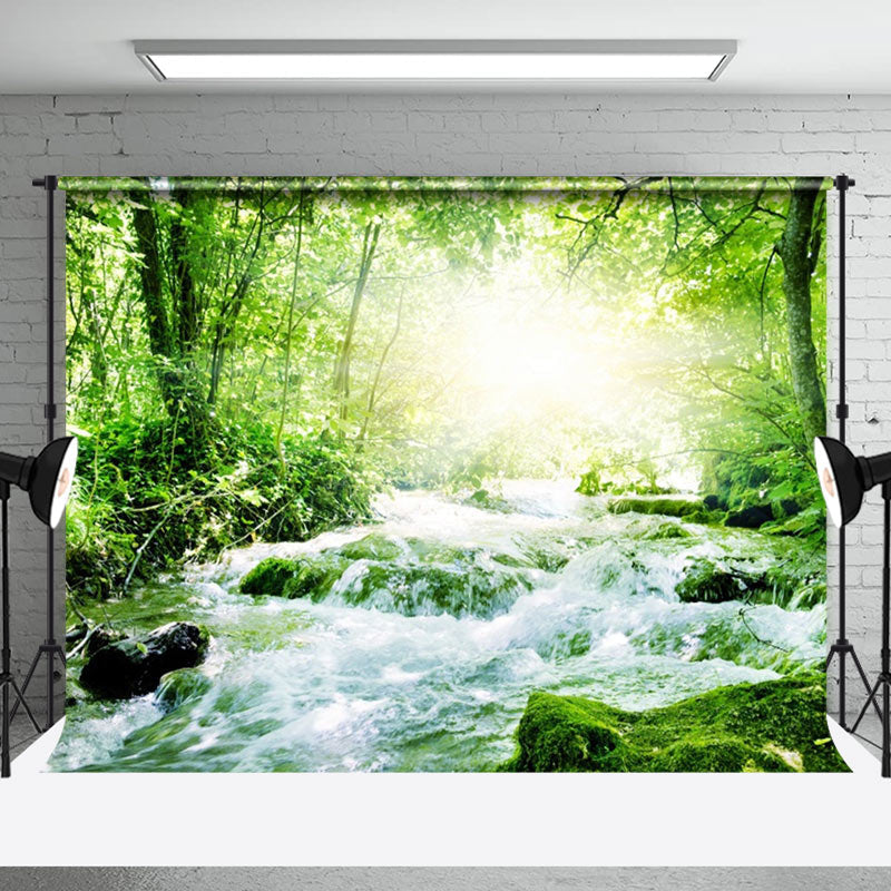 Aperturee - Flowing Water Green Trees Sunlight Spring Backdrop