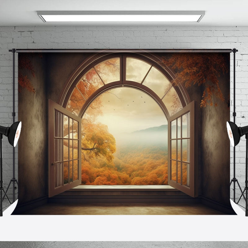 Aperturee - Foggy Autumn Forest Window Scenery Photo Backdrop