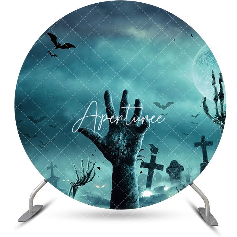 Aperturee - Foggy Cemetery Risen Hand Round Halloween Backdrop