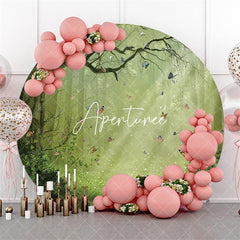 Aperturee Foggy Forest Butterfly Glitter Green Round Backdrops for Party