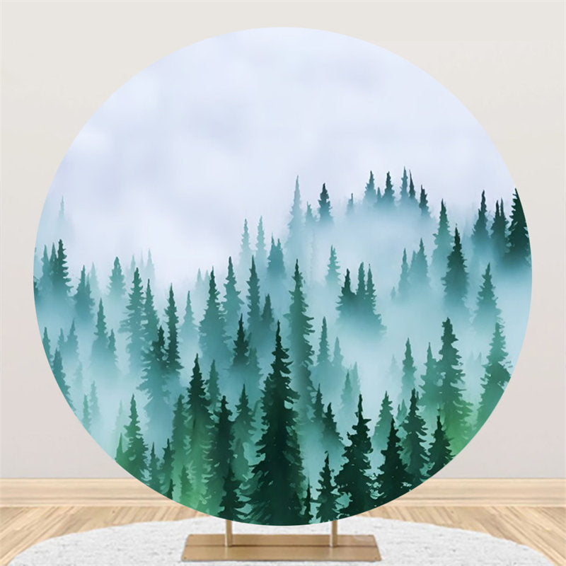 Aperturee - Foggy Forest Pine Tree Round Birthday Party Backdrop