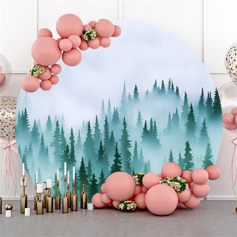 Aperturee - Foggy Forest Pine Tree Round Birthday Party Backdrop