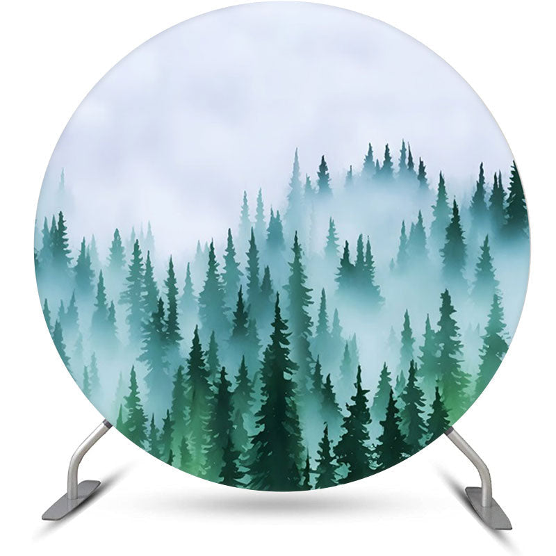 Aperturee - Foggy Forest Pine Tree Round Birthday Party Backdrop