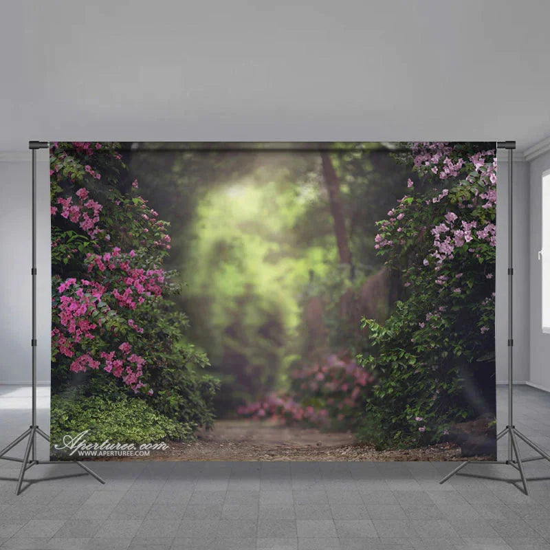 Aperturee - Foggy Pink Floral Forest Easter Backdrop For Photo