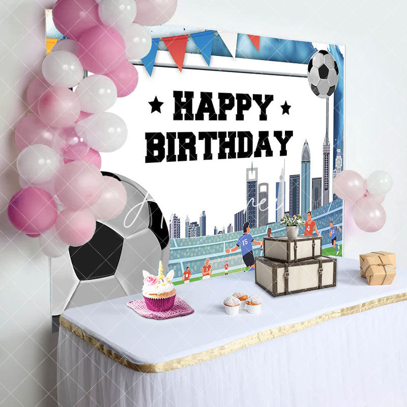 Aperturee - Football Field Building Flag Happy Birthday Backdrop