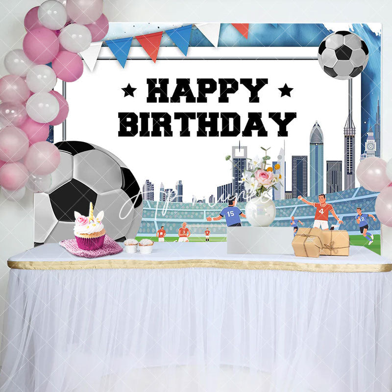 Aperturee - Football Field Building Flag Happy Birthday Backdrop