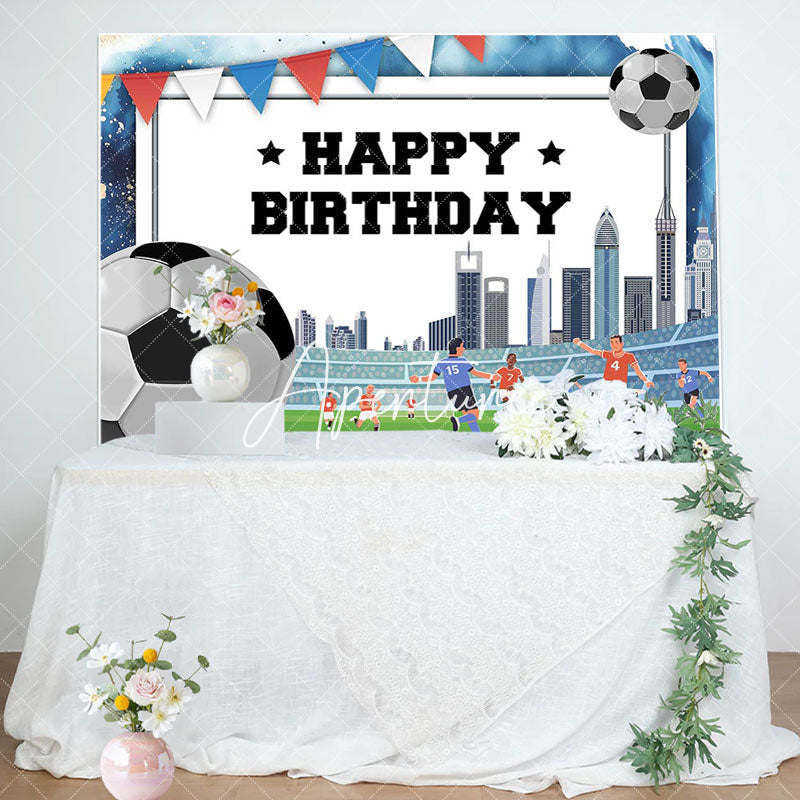 Aperturee - Football Field Building Flag Happy Birthday Backdrop