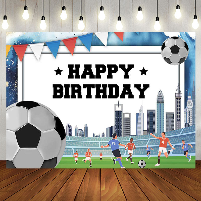 Aperturee - Football Field Building Flag Happy Birthday Backdrop