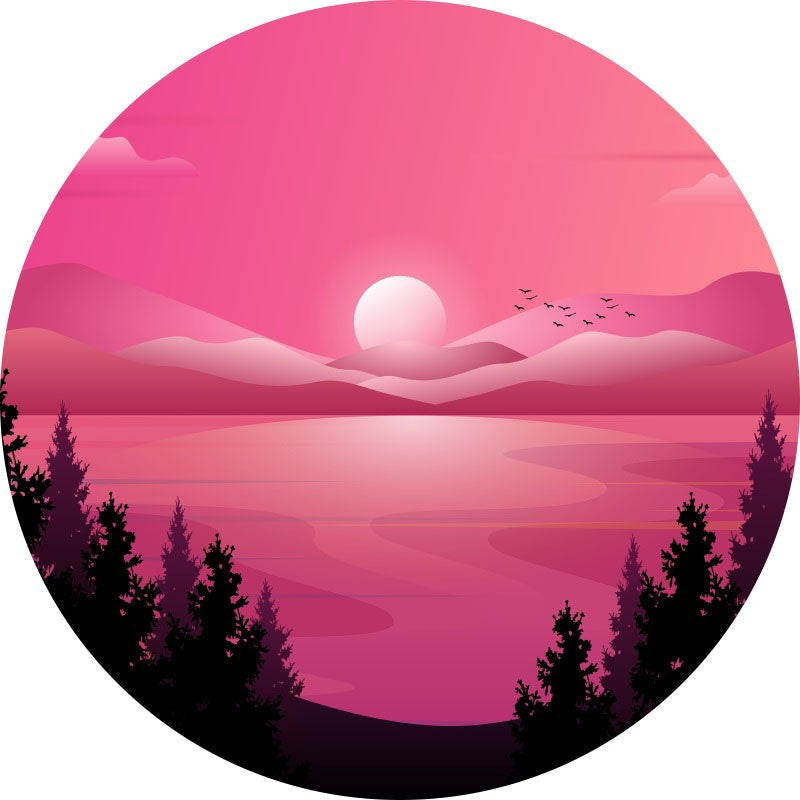 Aperturee - Forest And Pink Sunset Theme Round Birthday Backdrop