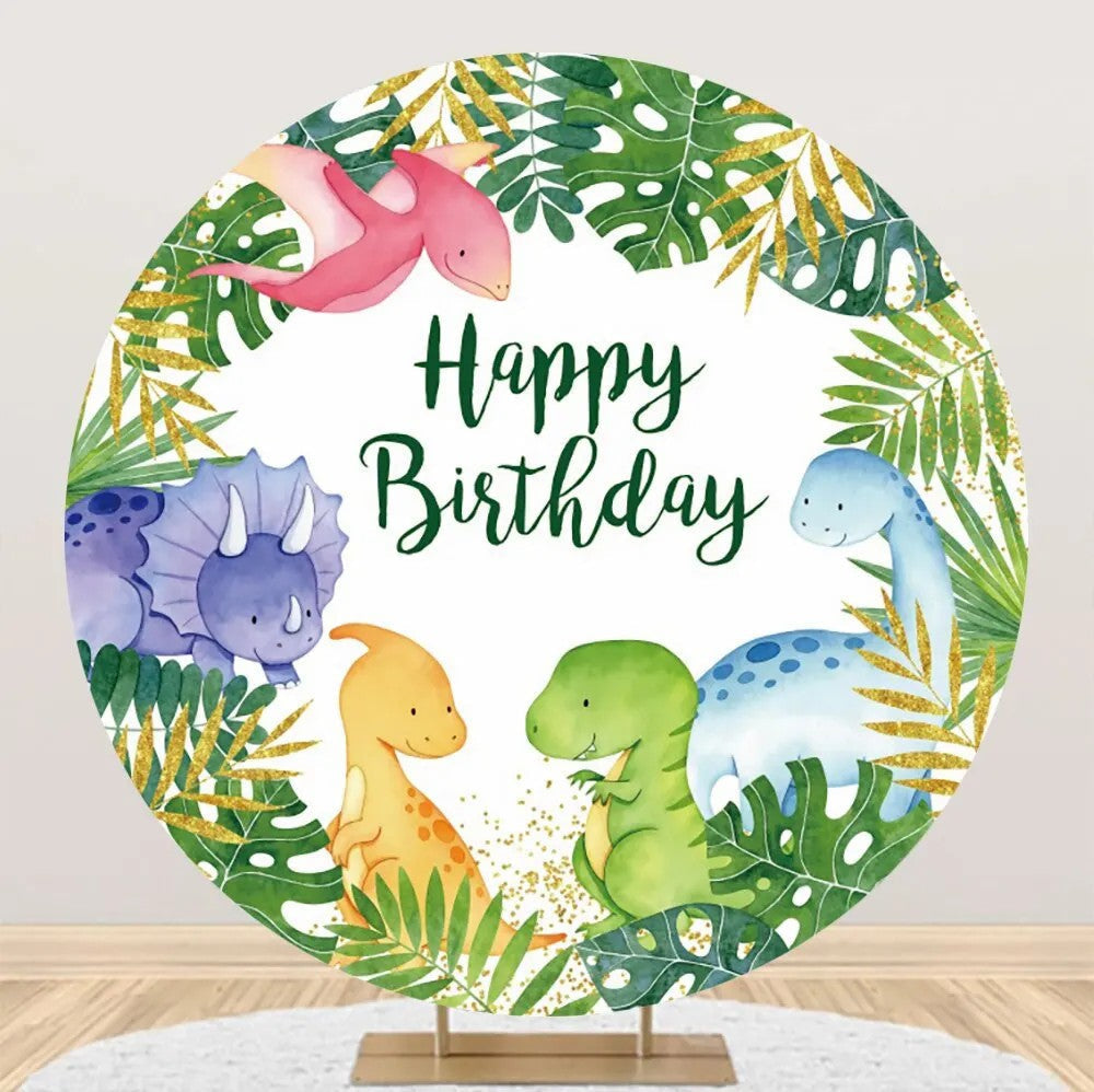 Aperturee - Forest Colorful Dinosaurs Round Birthday Backdrop