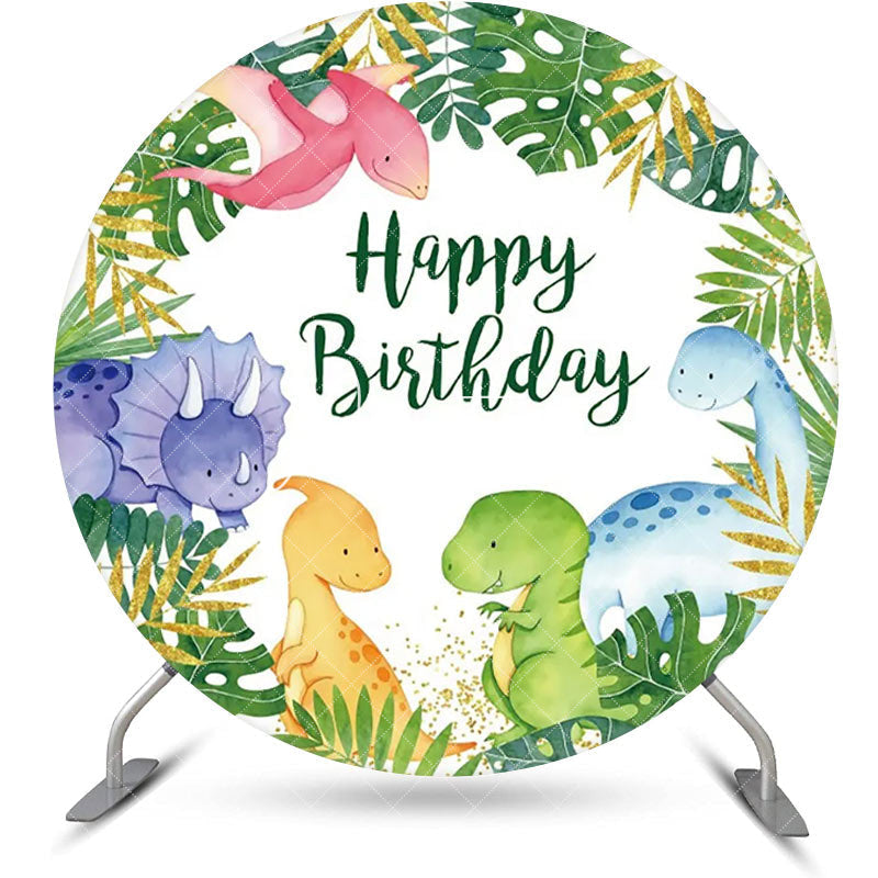 Aperturee - Forest Colorful Dinosaurs Round Birthday Backdrop