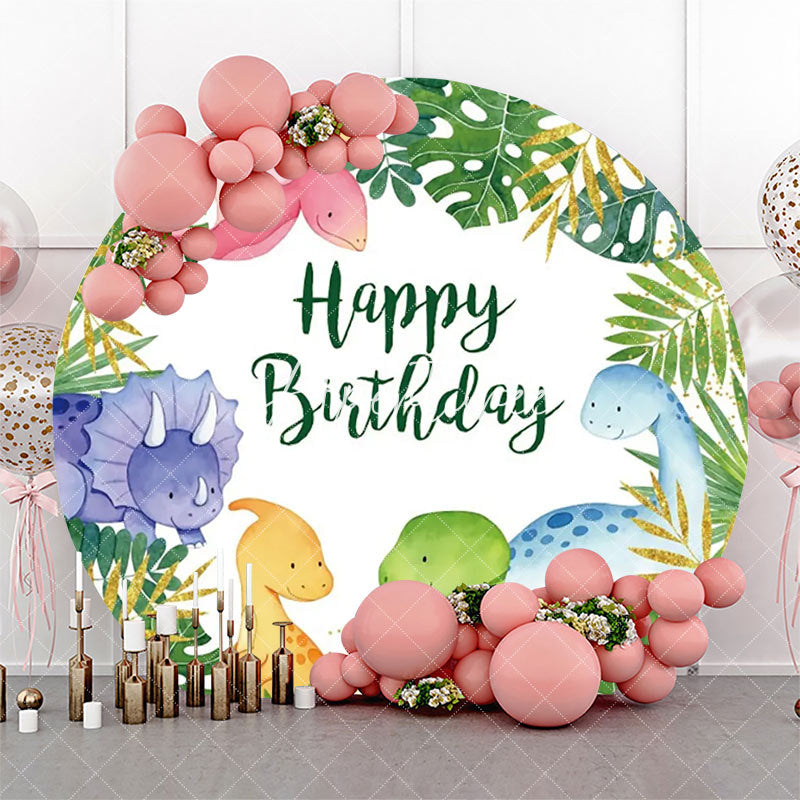 Aperturee - Forest Colorful Dinosaurs Round Birthday Backdrop