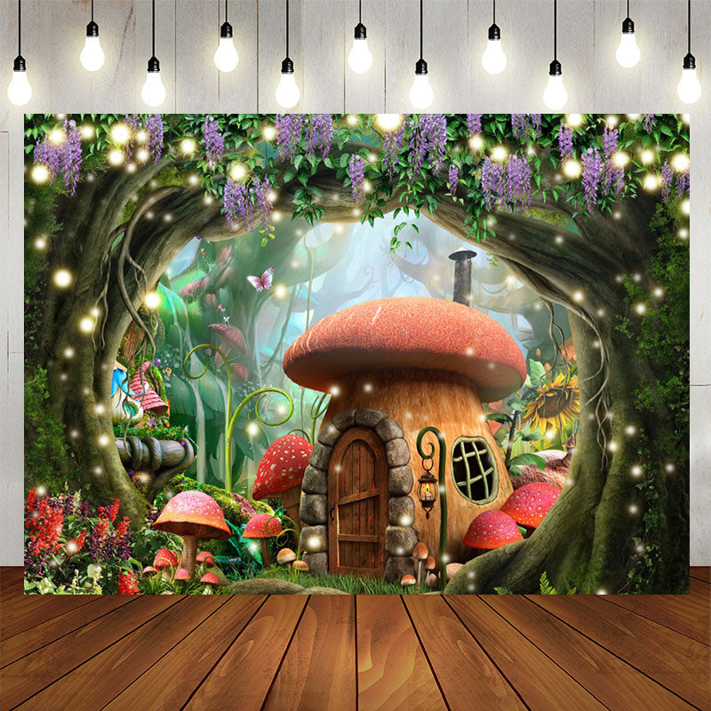 Aperturee - Forest Flower Mushroom House Happy Birthday Backdrop