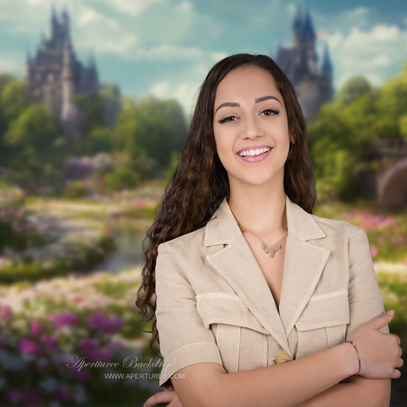 Aperturee - Forest Flowers Castle Portrait Picture Backdrop