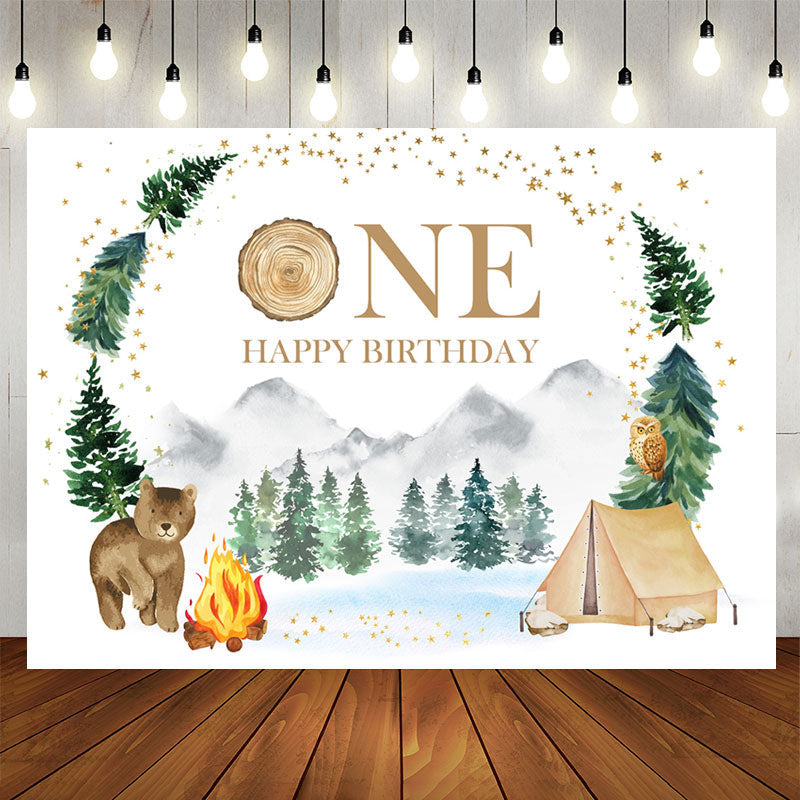 Aperturee - Forest Jungle Bear Camping Happy 1St Birthday Backdrop