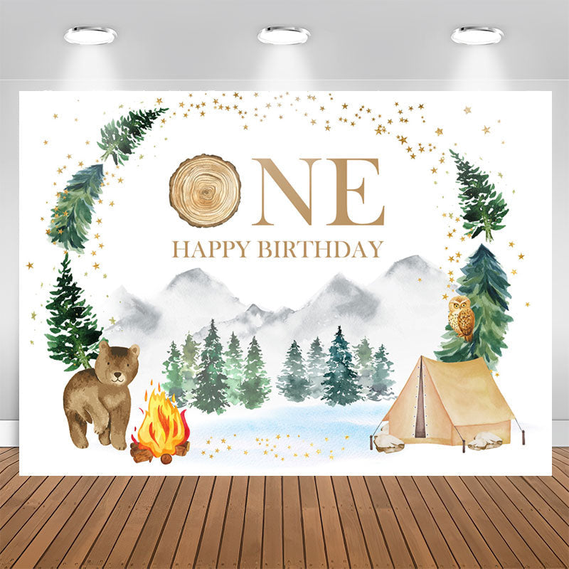 Aperturee - Forest Jungle Bear Camping Happy 1St Birthday Backdrop