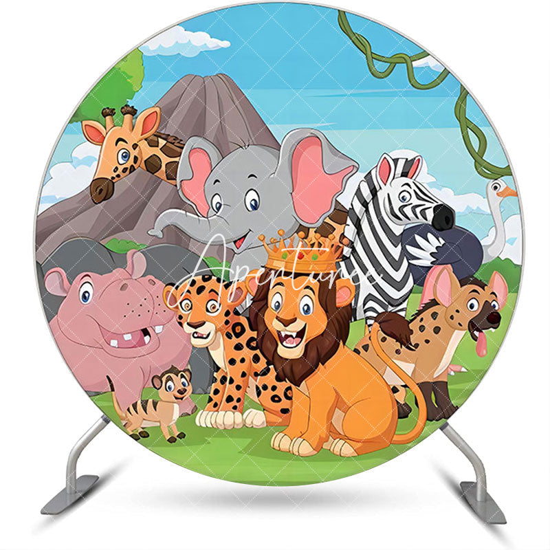 Aperturee - Forest Mountain Animlas Round Backdrop For Birthday