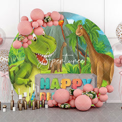 Aperturee - Forest Mountain Dinosaurs Round Birthday Backdrop