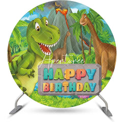 Aperturee - Forest Mountain Dinosaurs Round Birthday Backdrop