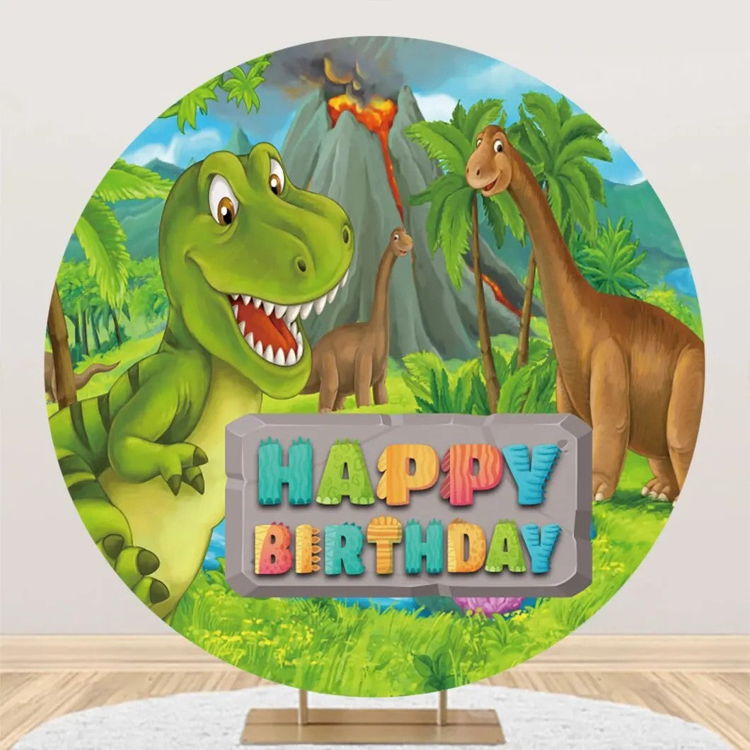 Aperturee - Forest Mountain Dinosaurs Round Birthday Backdrop