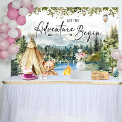 Aperturee - Forest Mountain Tent Teddy Bear Baby Shower Backdrop